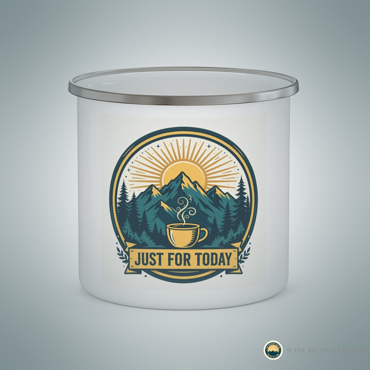 Just for Today Enamel Camp Mug - lifestyle photo